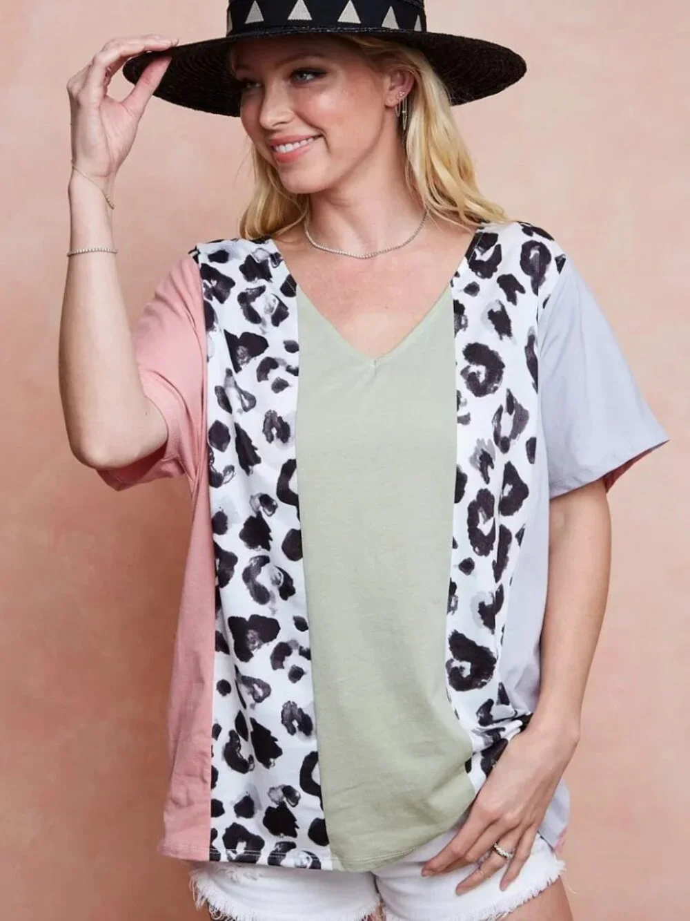 BiBi Cotton Span Knit With Leopard Color Block Top